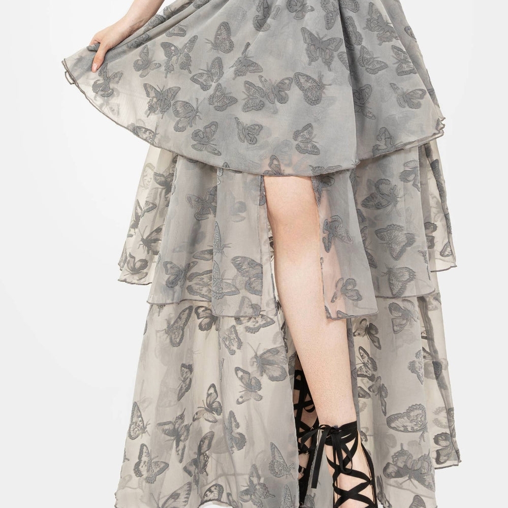 MAJOR ISO Vanessa Butterfly Print Organza Front Split Tiered Maxi Skirt